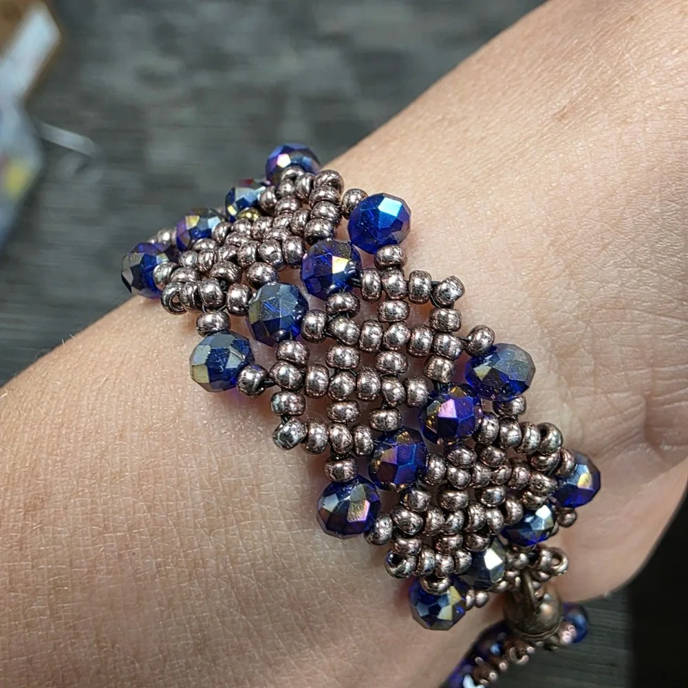Handmade Beaded Cuff Bracelet Blue Iridescent Crystal Bronze Seed Bead Magnetic